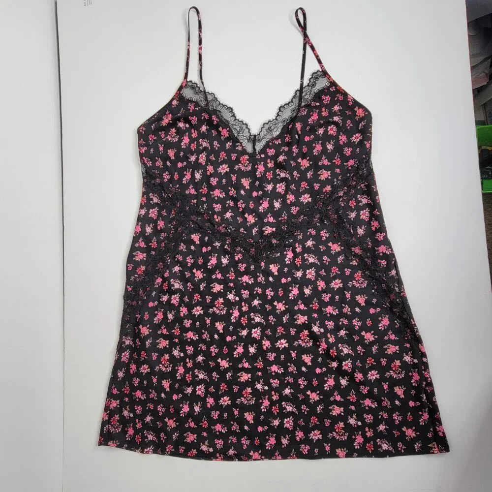 Victorias Secret Women Large‎ Black Pink Floral Lace Slip Gown Dress Nightie